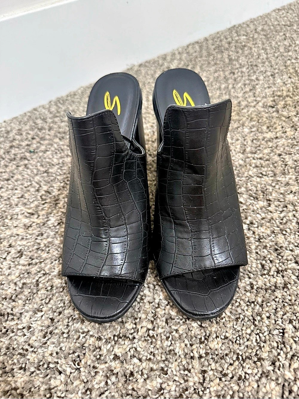 Black Croc-Embossed Mule Heels US 8.5